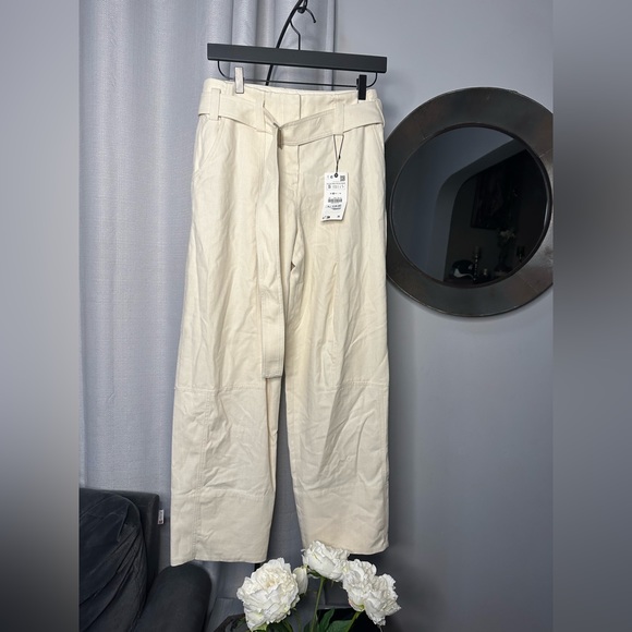 NWT Zara Woman Belted Cotton Pants Size S Small Bloggers Fav - Picture 6 of 9